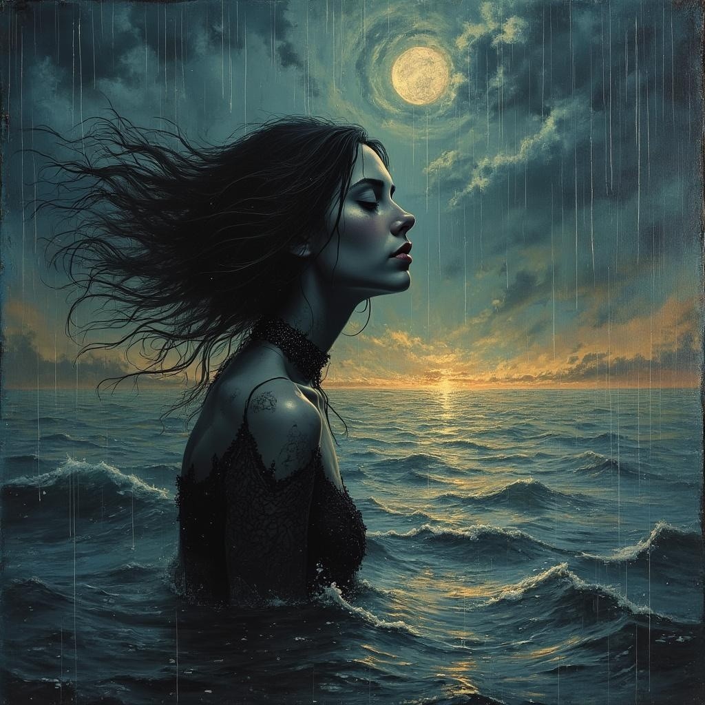 Ethereal Woman in Ocean Under Full Moon Light