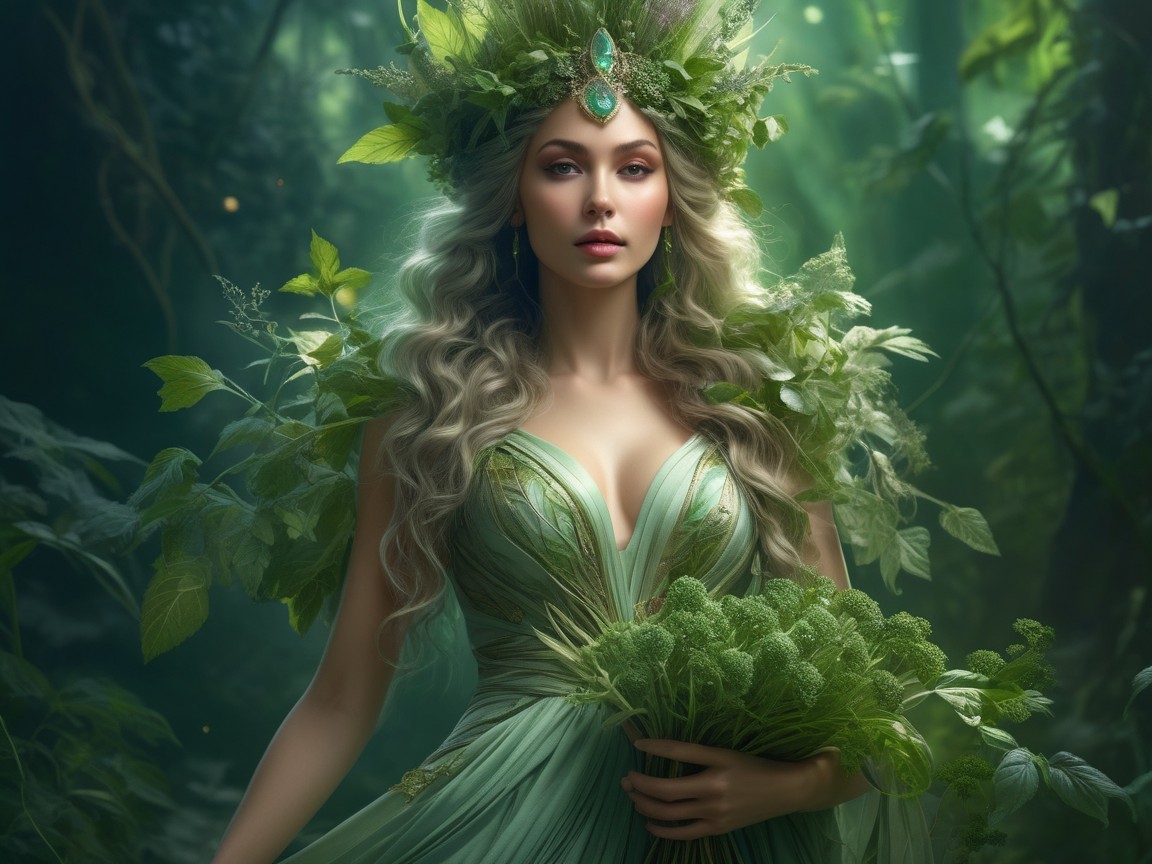 Ethereal figure in nature-inspired gown and greenery