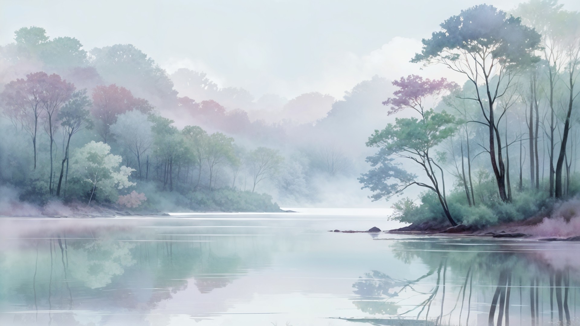 Tranquil Lake and Misty Forest Landscape Scene