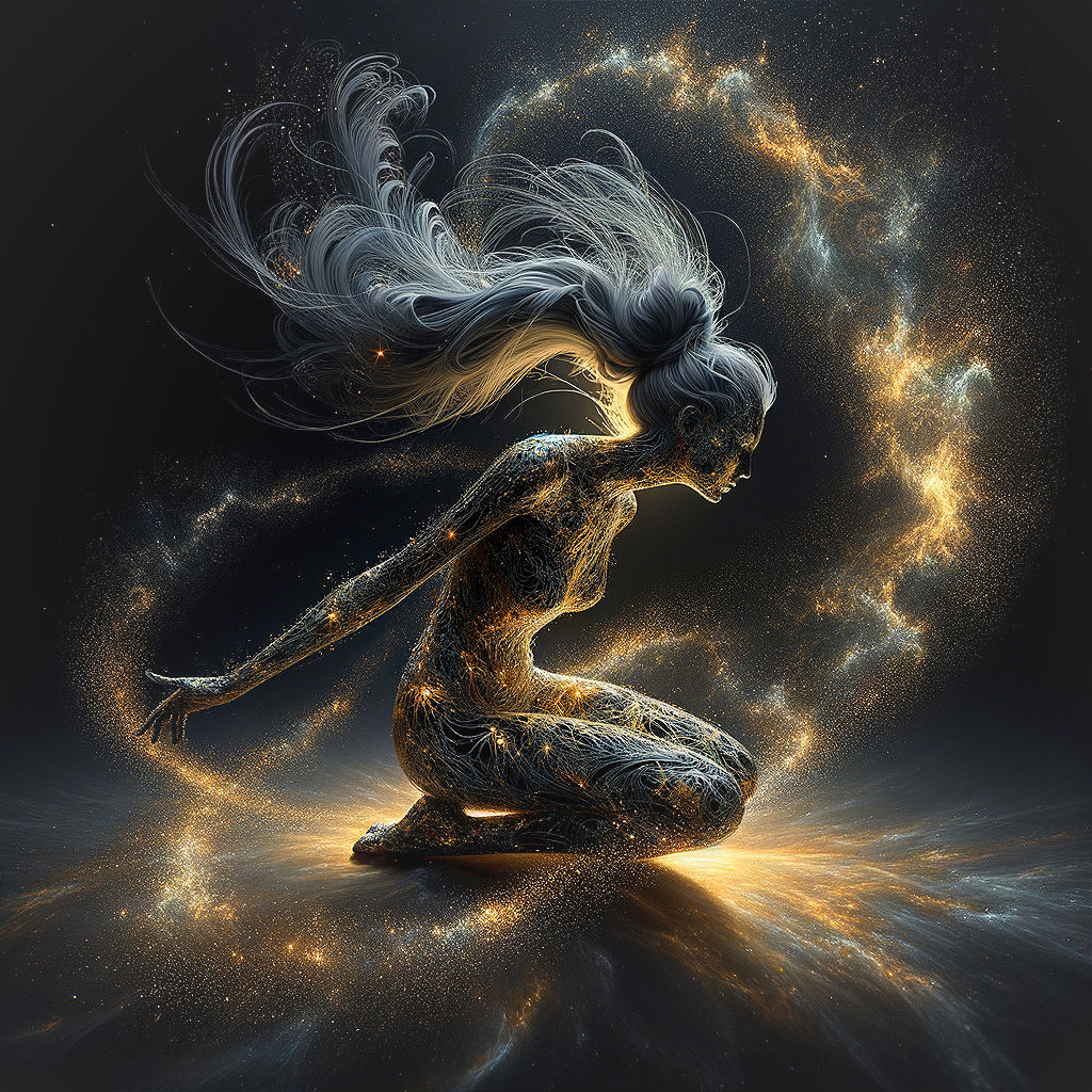 Luminous Figure Kneeling in Cosmic Backdrop