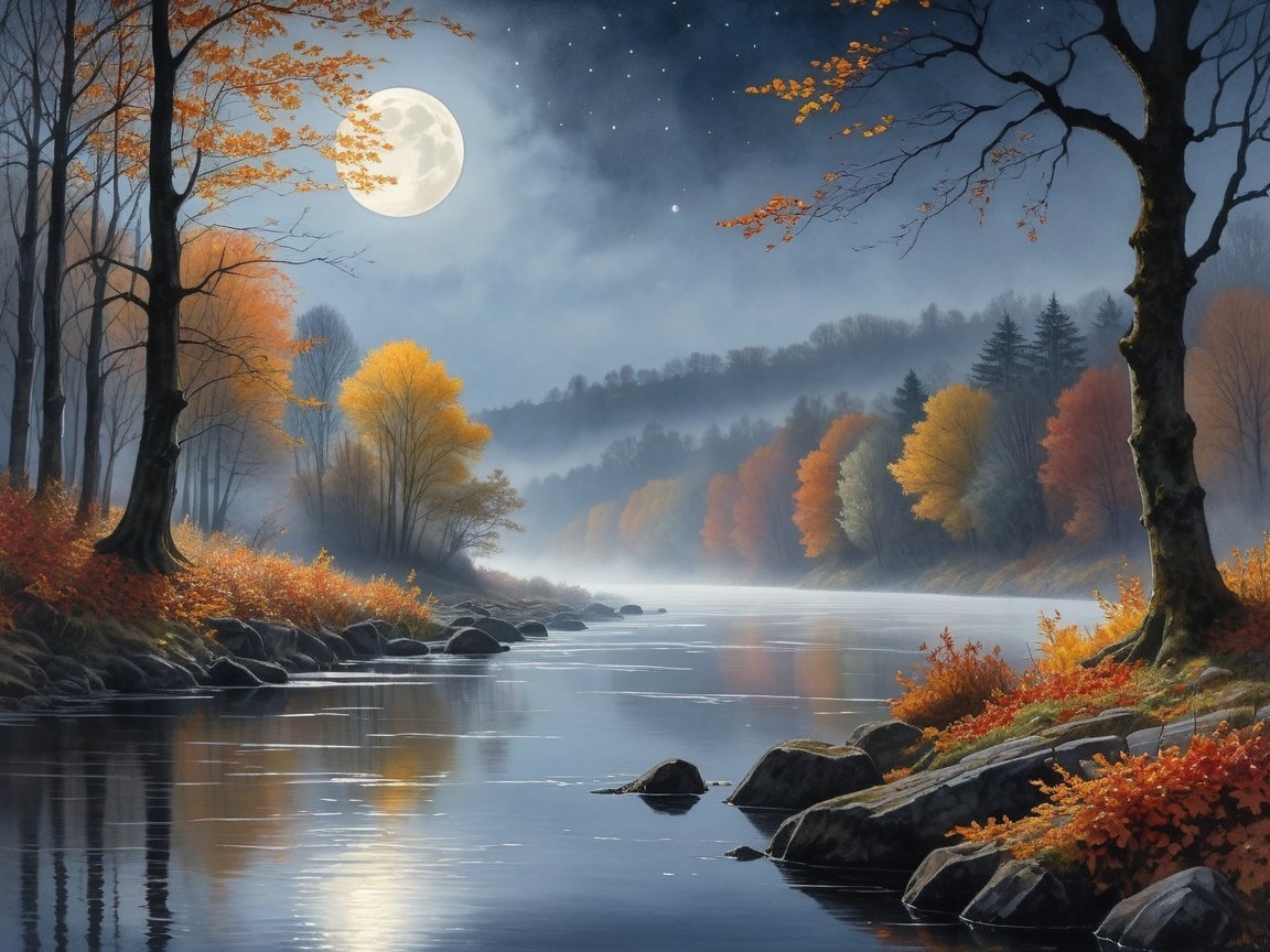 Tranquil Autumn Landscape with River and Full Moon