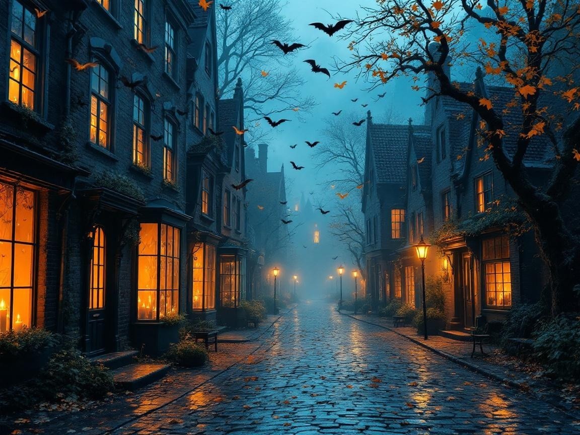 Misty Cobblestone Street with Old Buildings and Bats