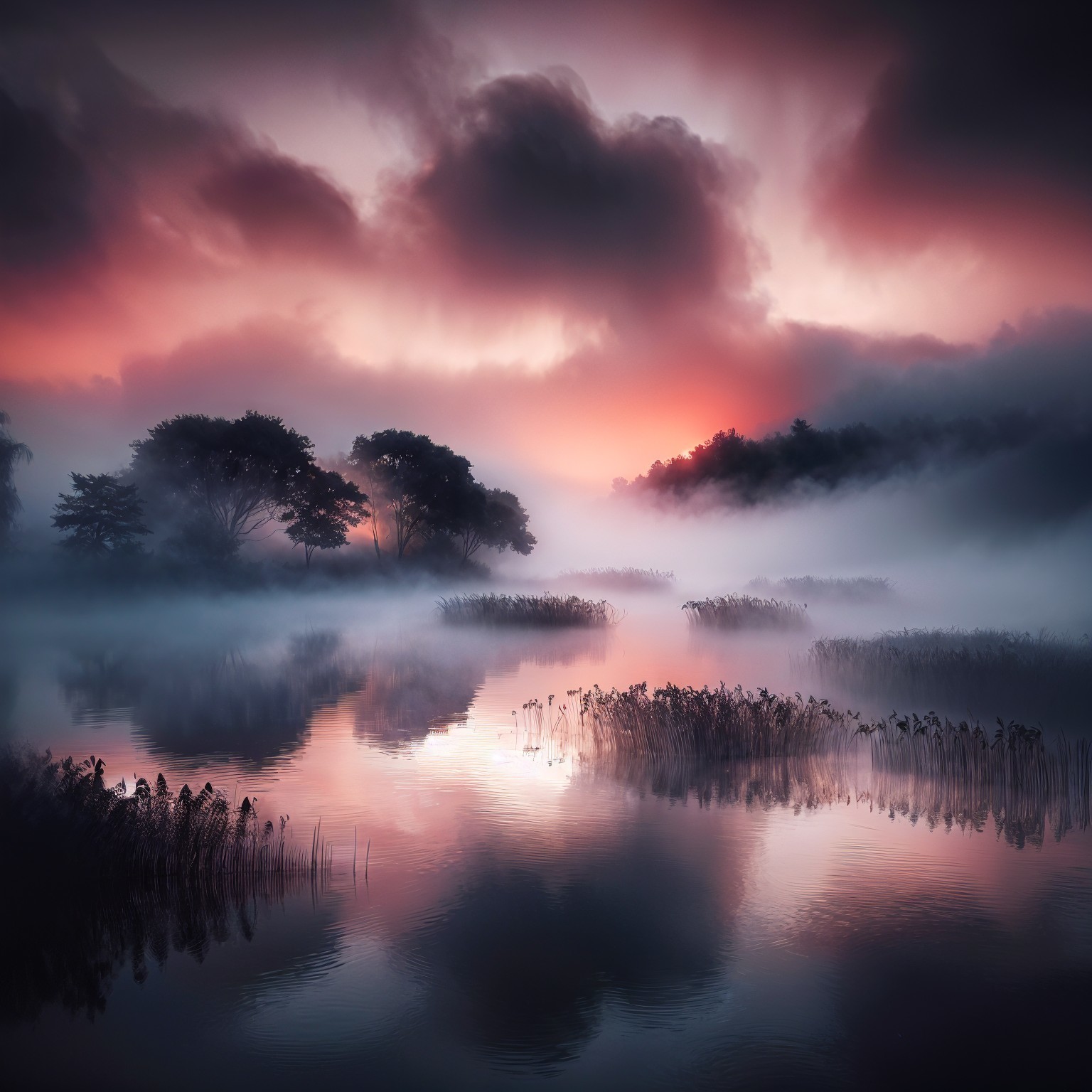 Dawn Landscape with Mist over a Tranquil Lake