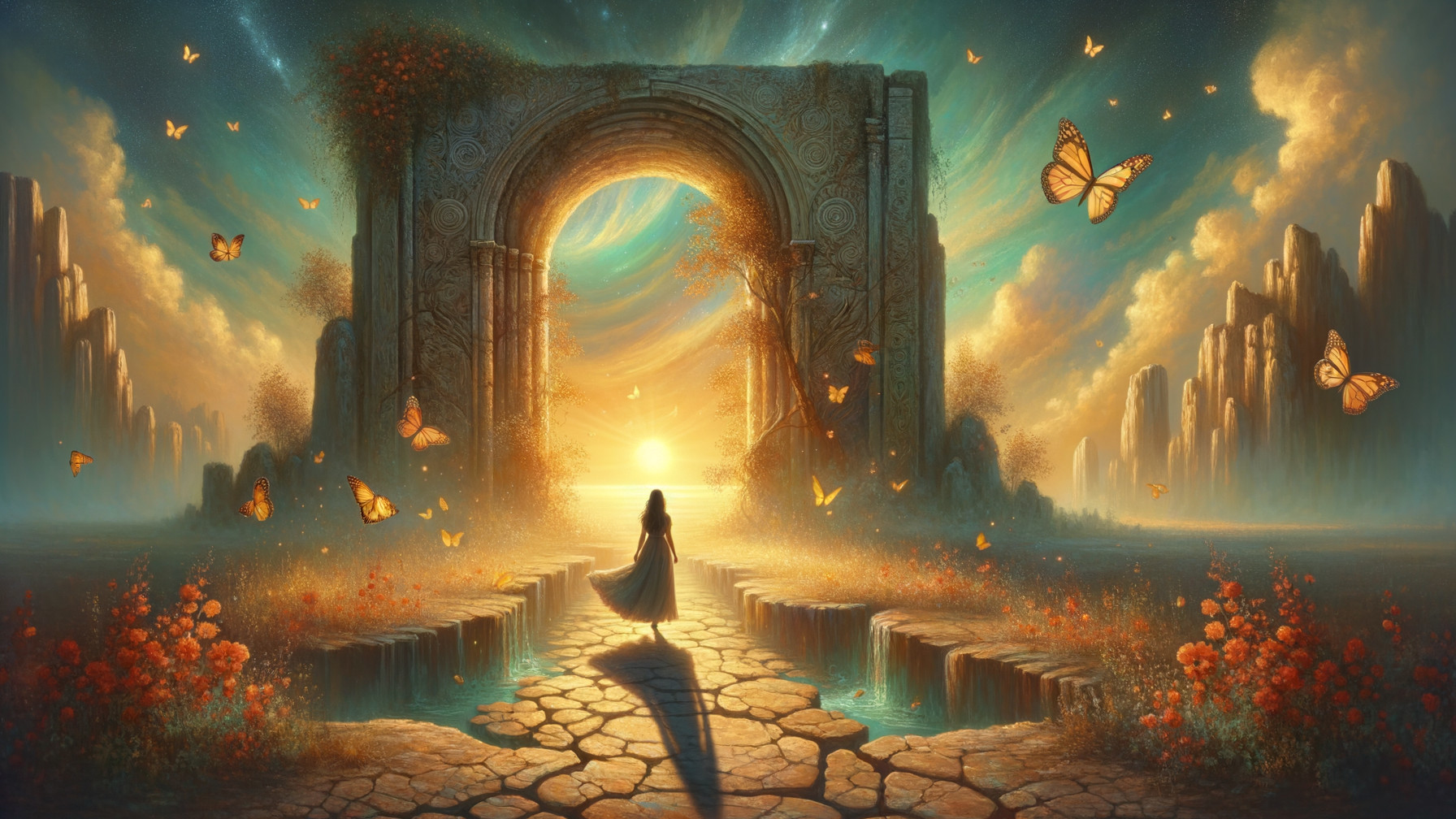 Serene Landscape with Stone Archway at Sunset