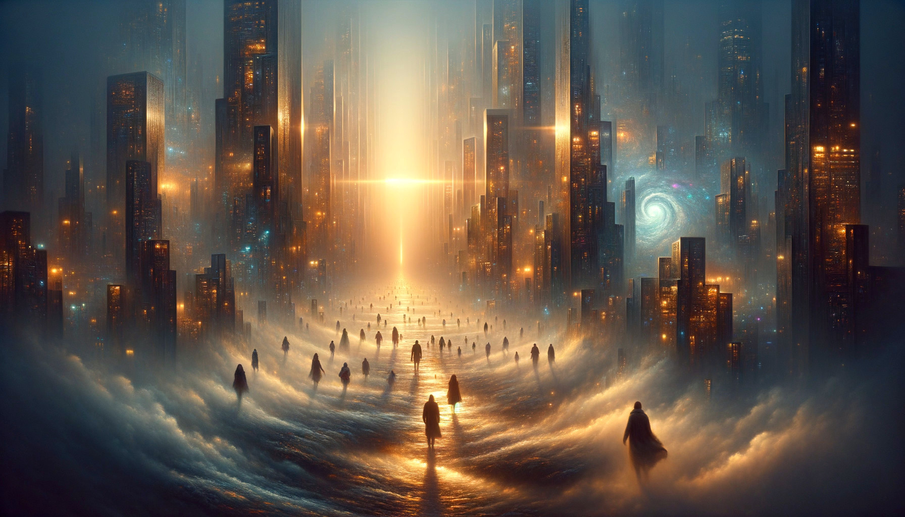 Surreal Cityscape with Skyscrapers and Galaxy