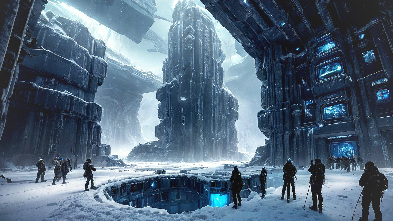 Futuristic Icy Landscape with Dark Metal Structures
