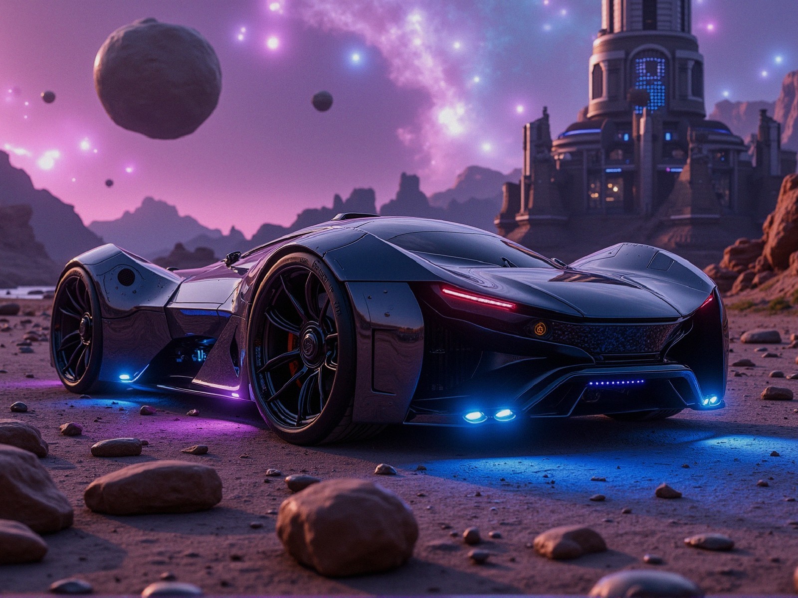 Futuristic Car in Surreal Alien Landscape with Neon Accents