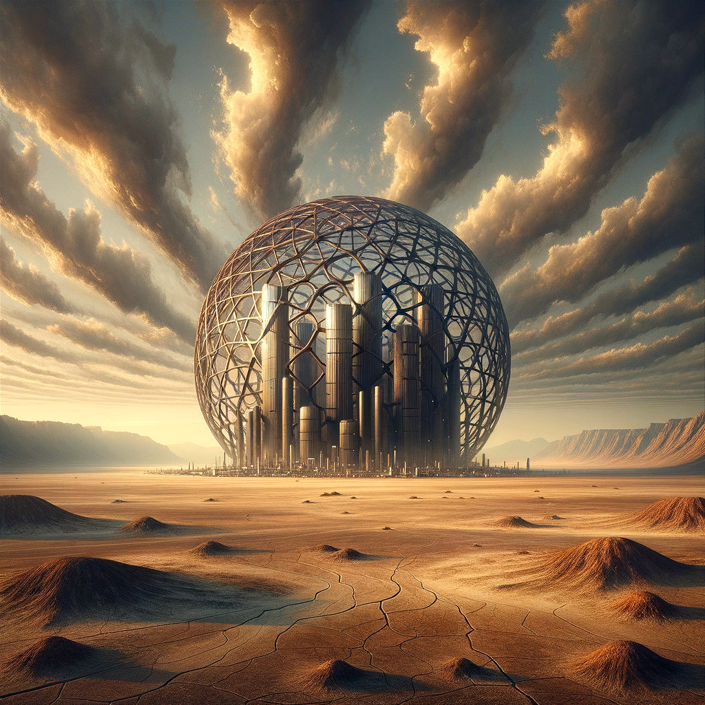 Futuristic cityscape within a dome in a desert setting