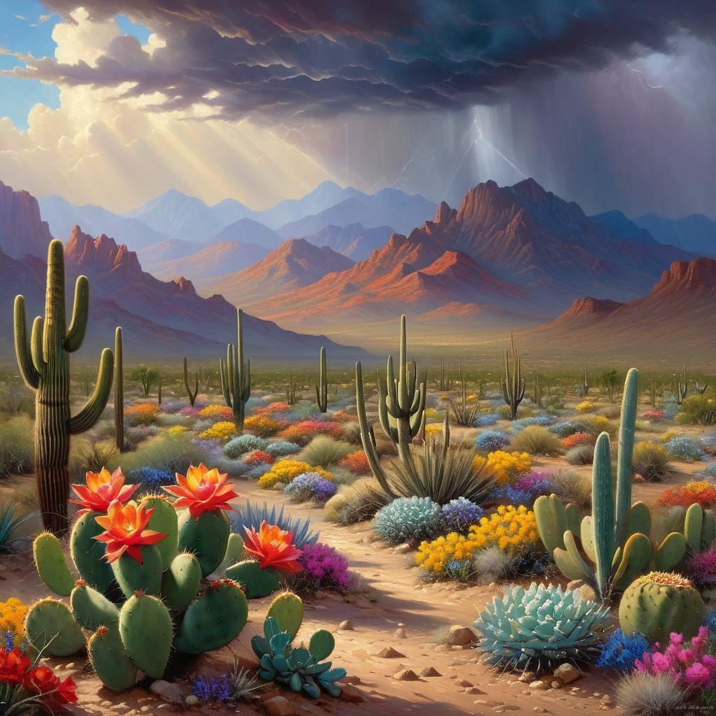 Vibrant Desert Landscape with Wildflowers and Cacti