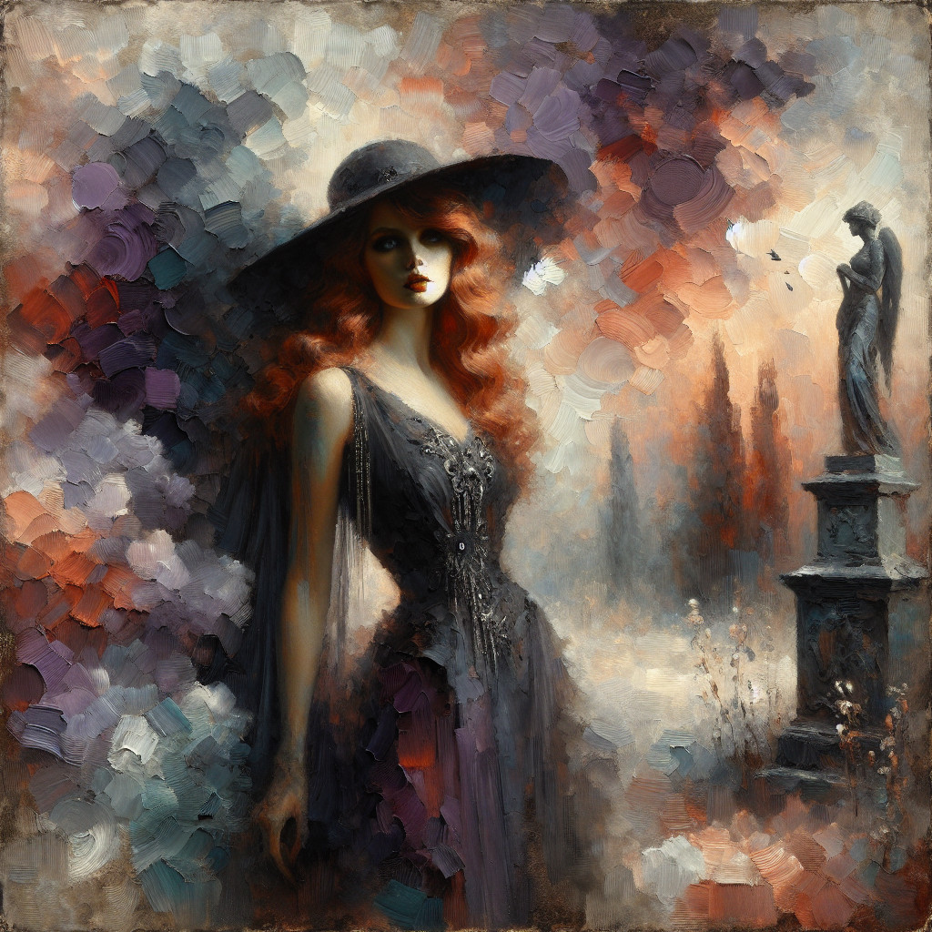 Mysterious Woman in Elegant Gown by Statue