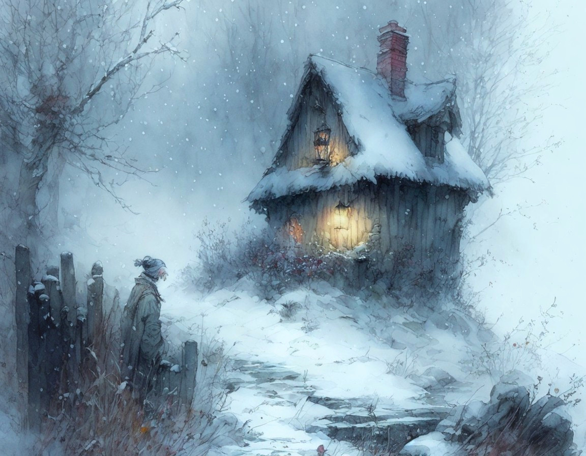 Rustic cottage in snowy landscape with glowing lantern