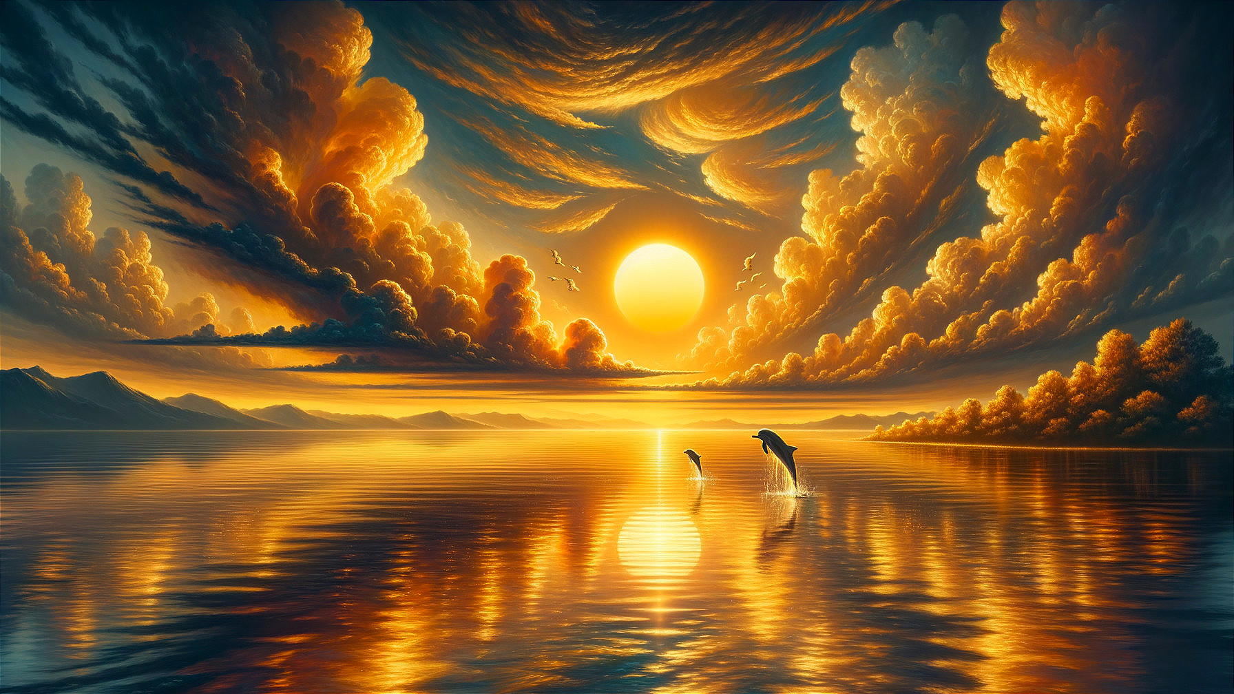 Vibrant Sunset Over Tranquil Lake with Dolphins