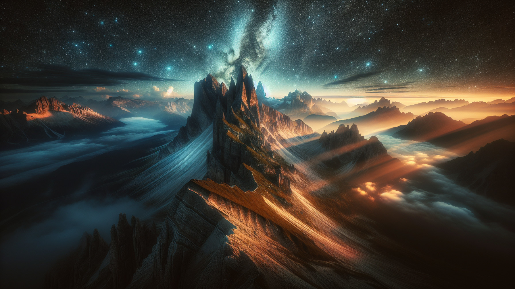 Majestic Mountains Under Starry Sky and Galaxy Glow