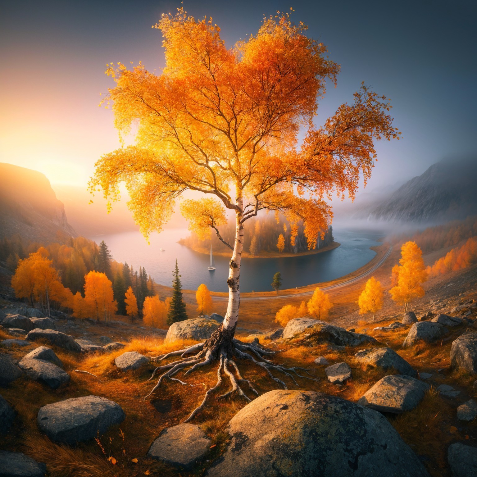Solitary Birch Tree in Vibrant Autumn Landscape