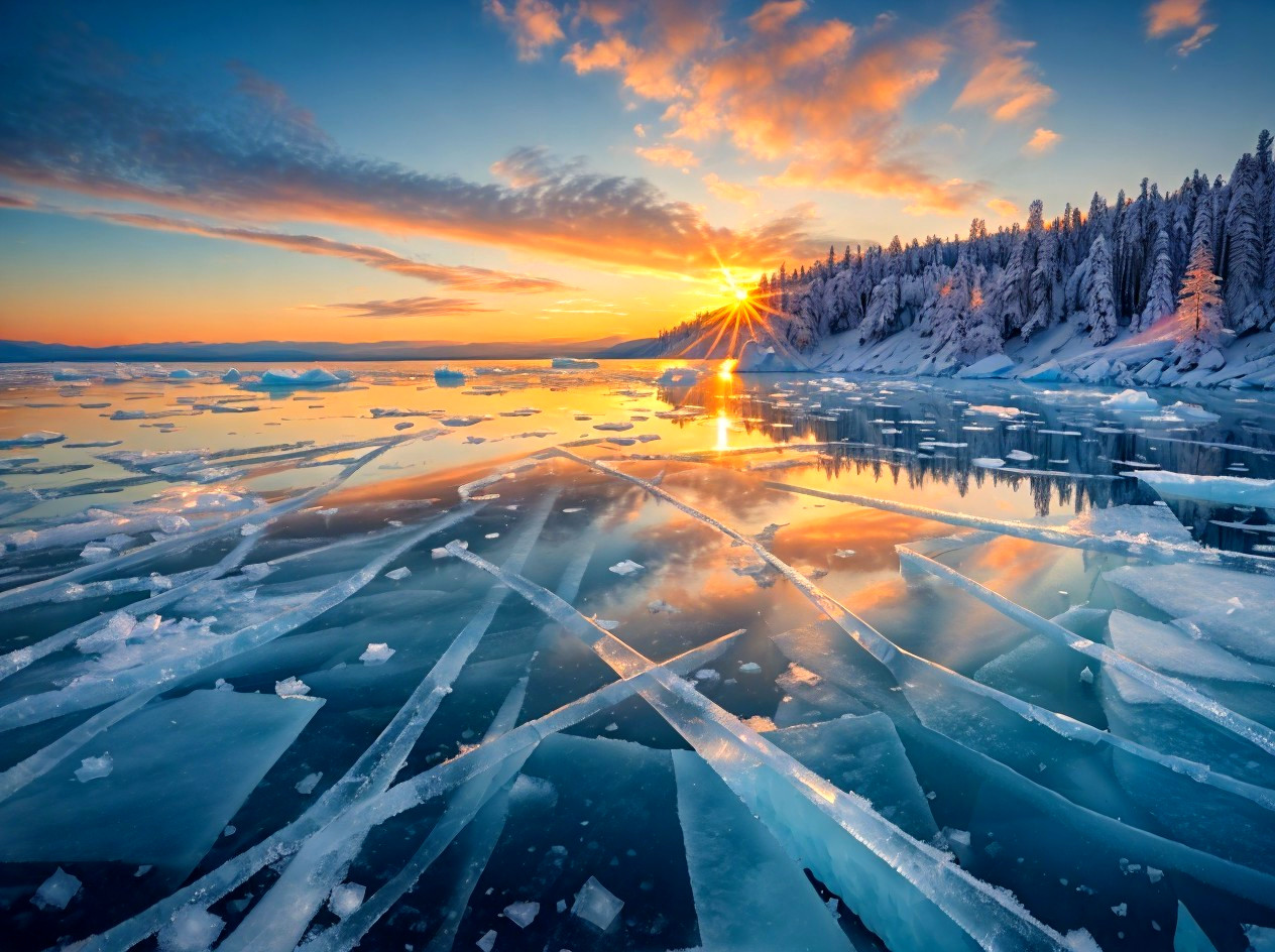 Winter Landscape with Frozen Lake and Sunset Colors
