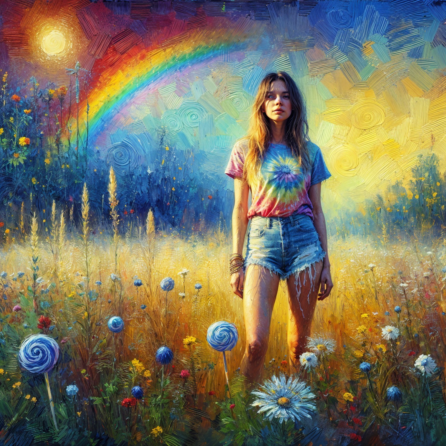 Young Woman in Colorful Flower Field with Rainbow