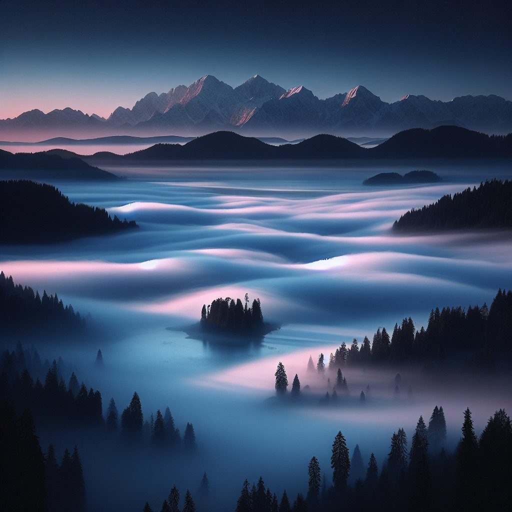 Twilight Landscape with Misty Hills and Mountains
