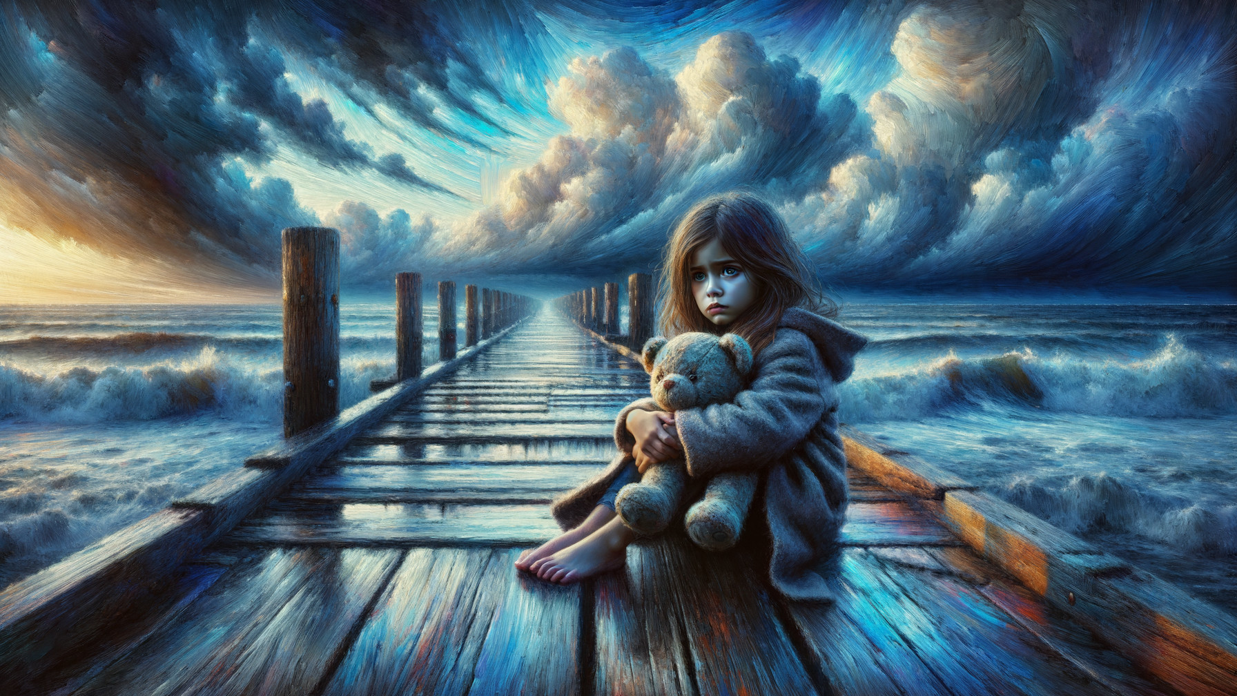 Young girl on a pier with teddy bear and dramatic sky