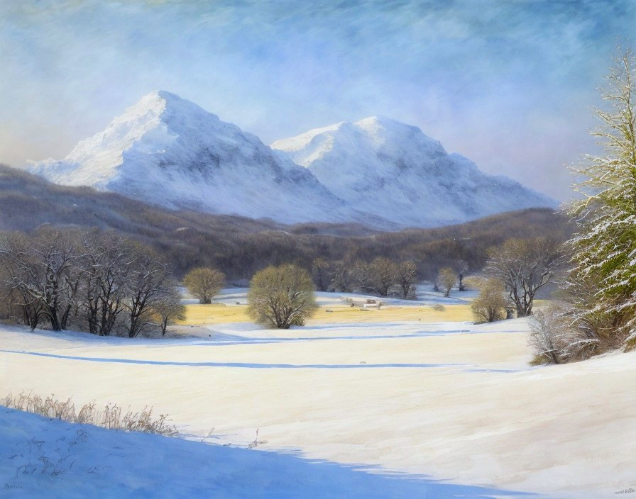 Tranquil Winter Landscape with Snow-Capped Mountains