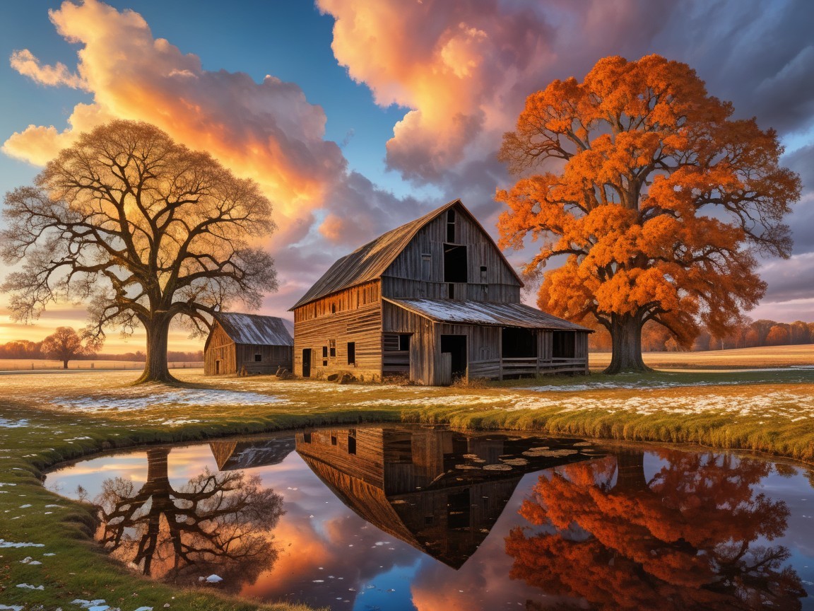 Autumn Scene with Barn and Reflective Pond