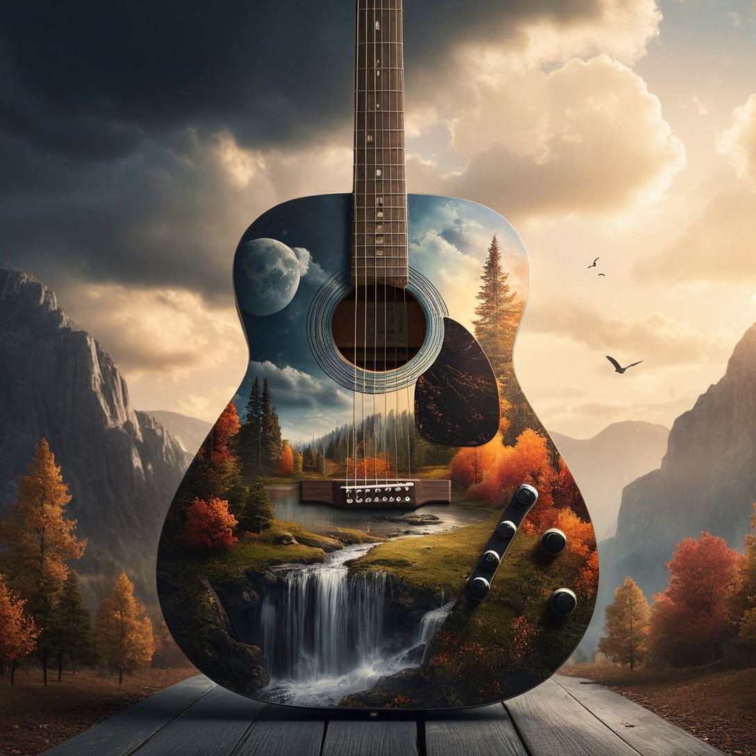Guitar Close-Up with Autumn Landscape Integration