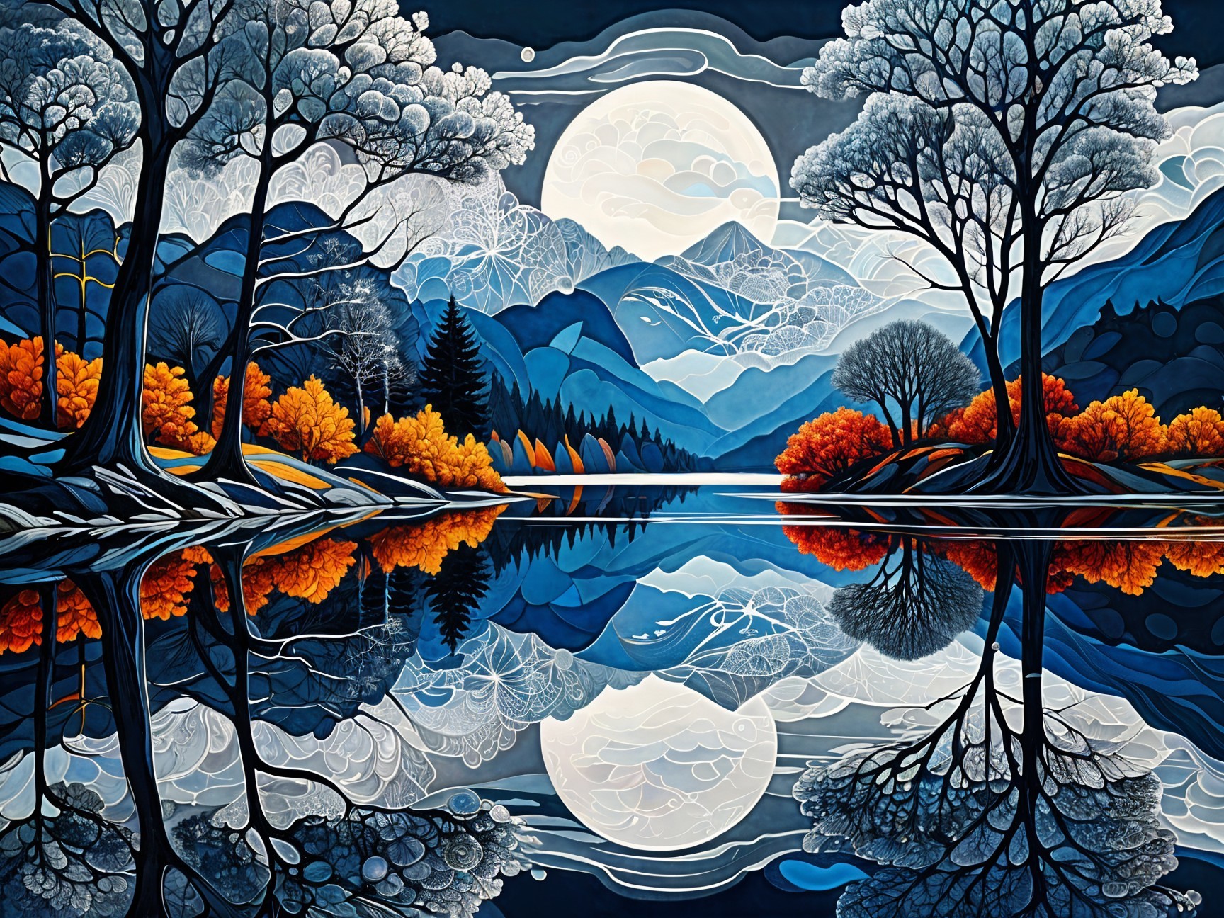 Tranquil Lake Landscape with Majestic Mountains and Moon