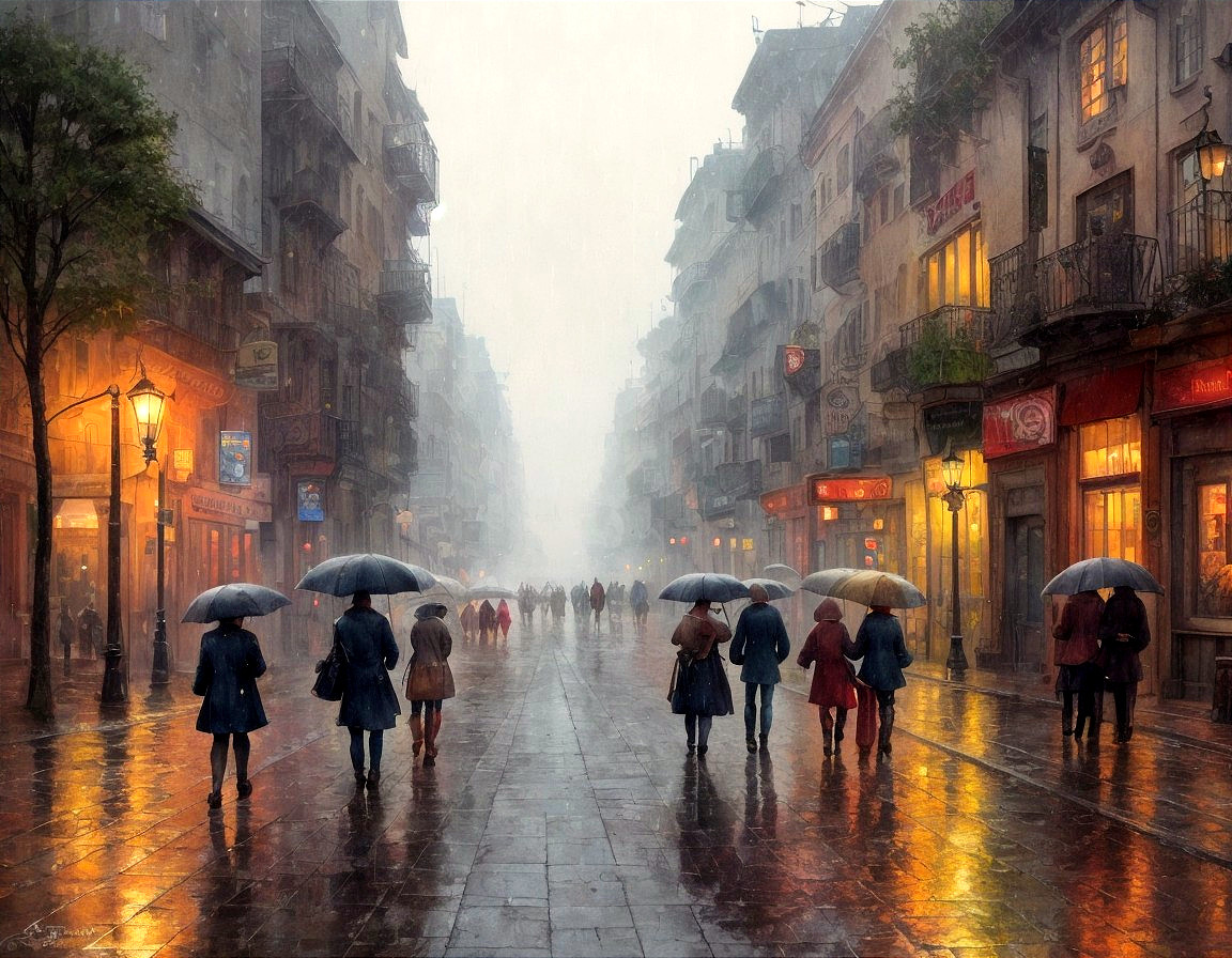 Rainy City Street Scene with Umbrellas and Reflections