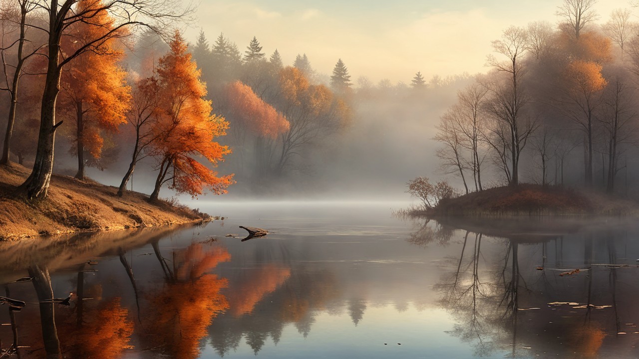 Autumn Landscape with Calm Lake and Vibrant Foliage