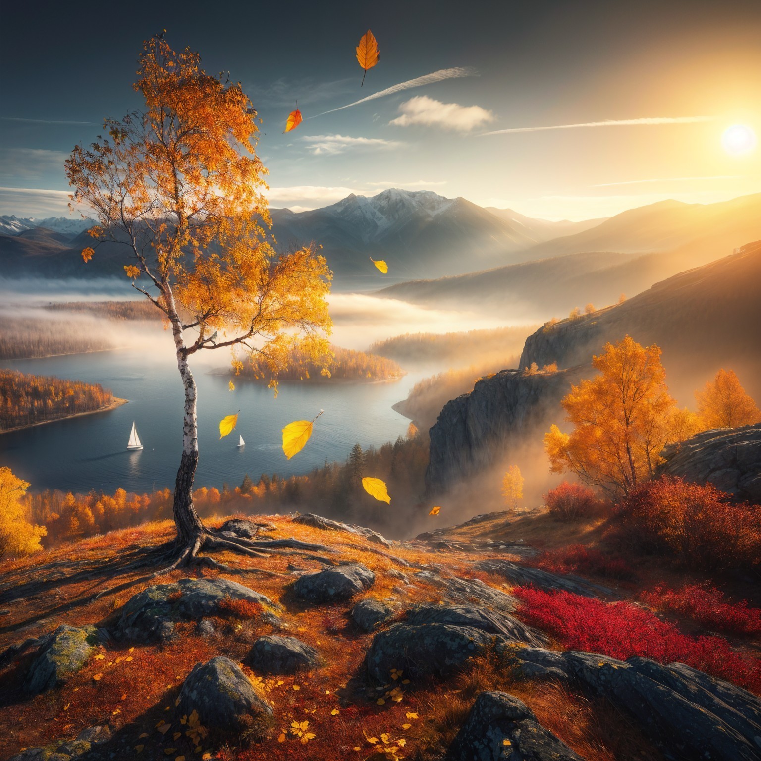 Autumn Landscape with Tree and Tranquil Lake Scene