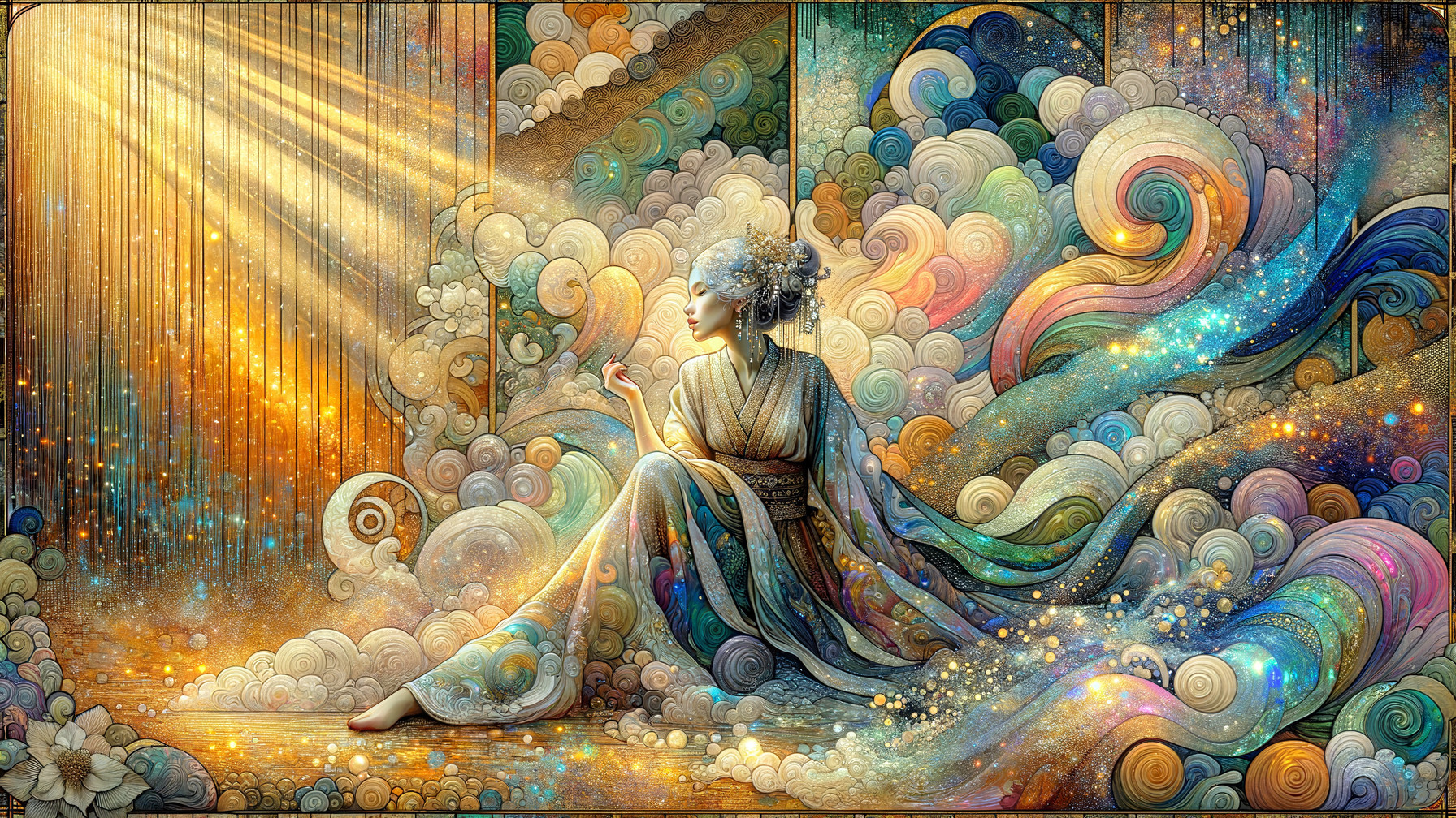 Serene Figure in Kimono Amidst Dreamy Landscape