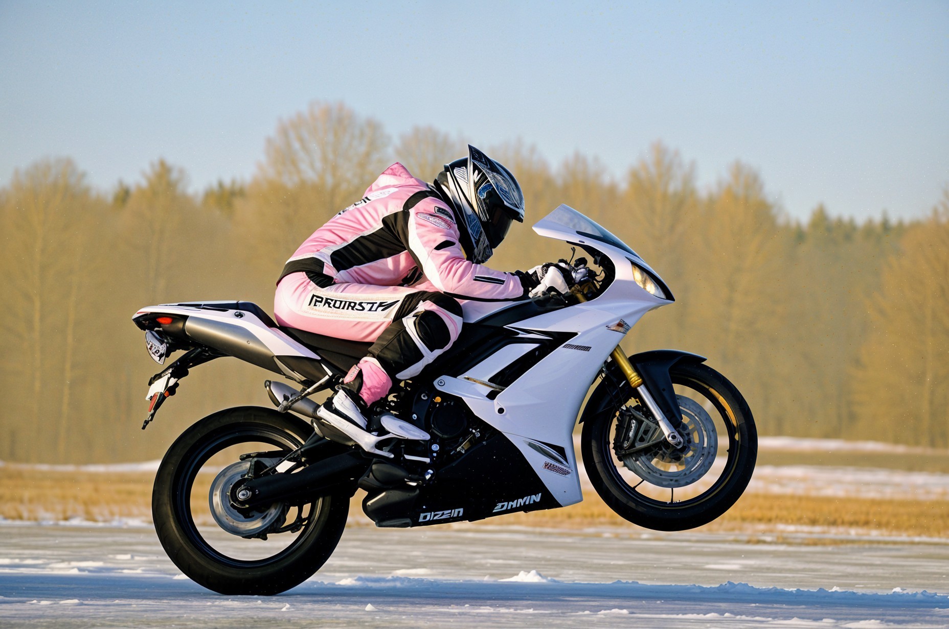Motorcyclist Performs Wheelie on Sports Bike in Snow