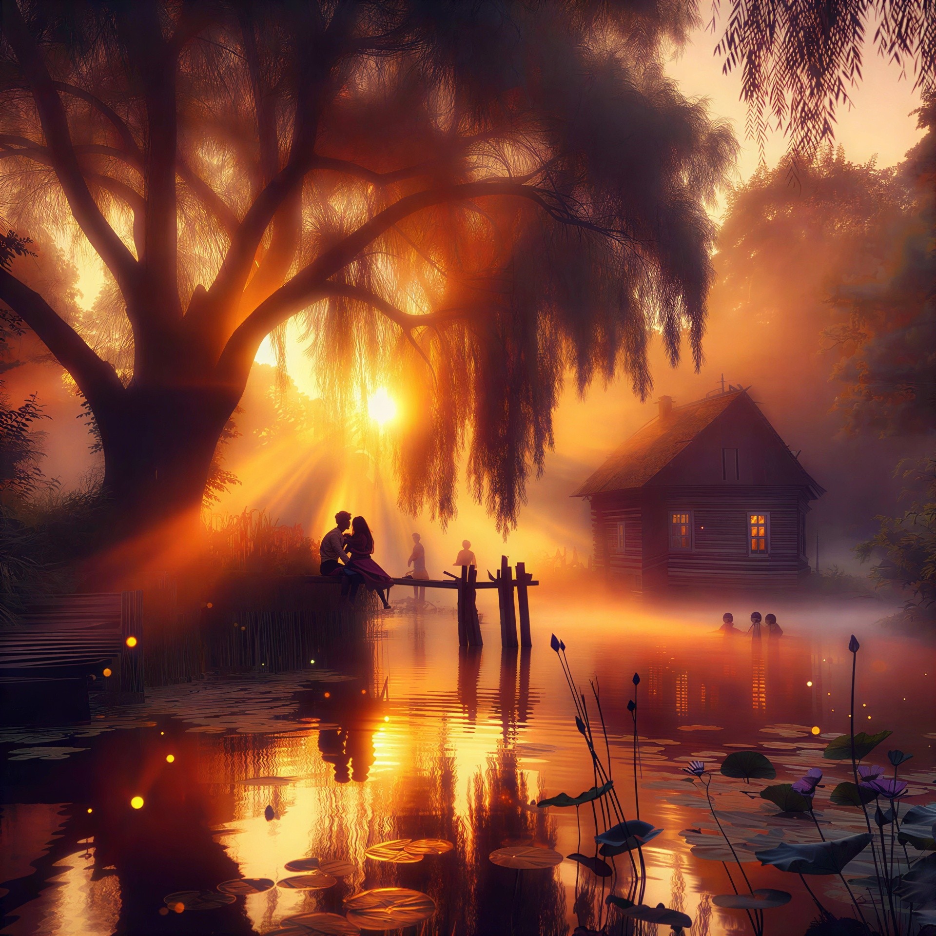 Serene Lakeside Sunset with Cabin and Ancient Tree