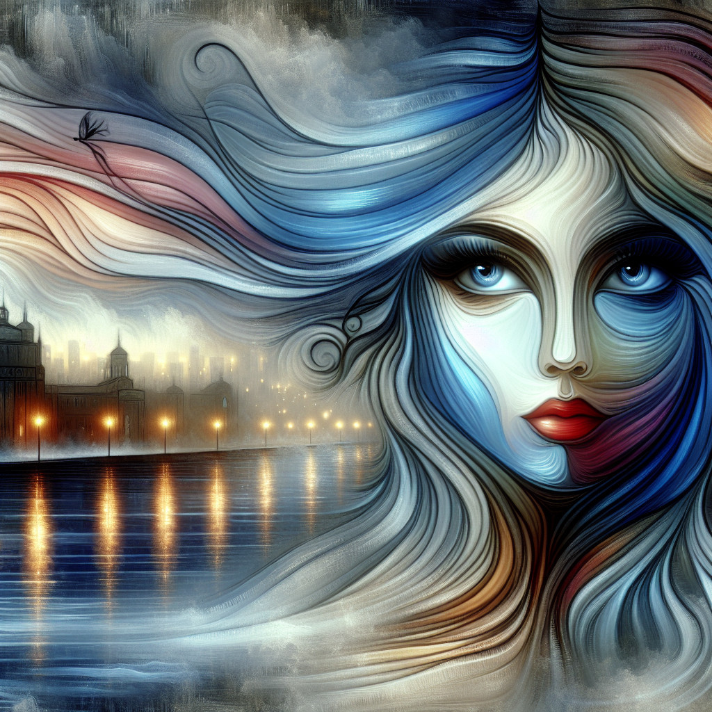 Abstract Woman's Face with Colorful Hair and Cityscape