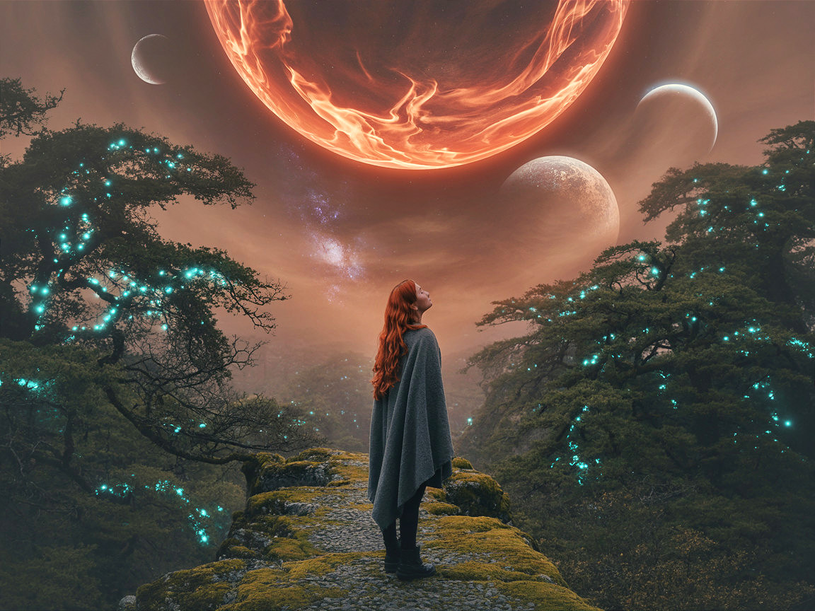 Woman with Red Hair on Mossy Pathway Under Planet
