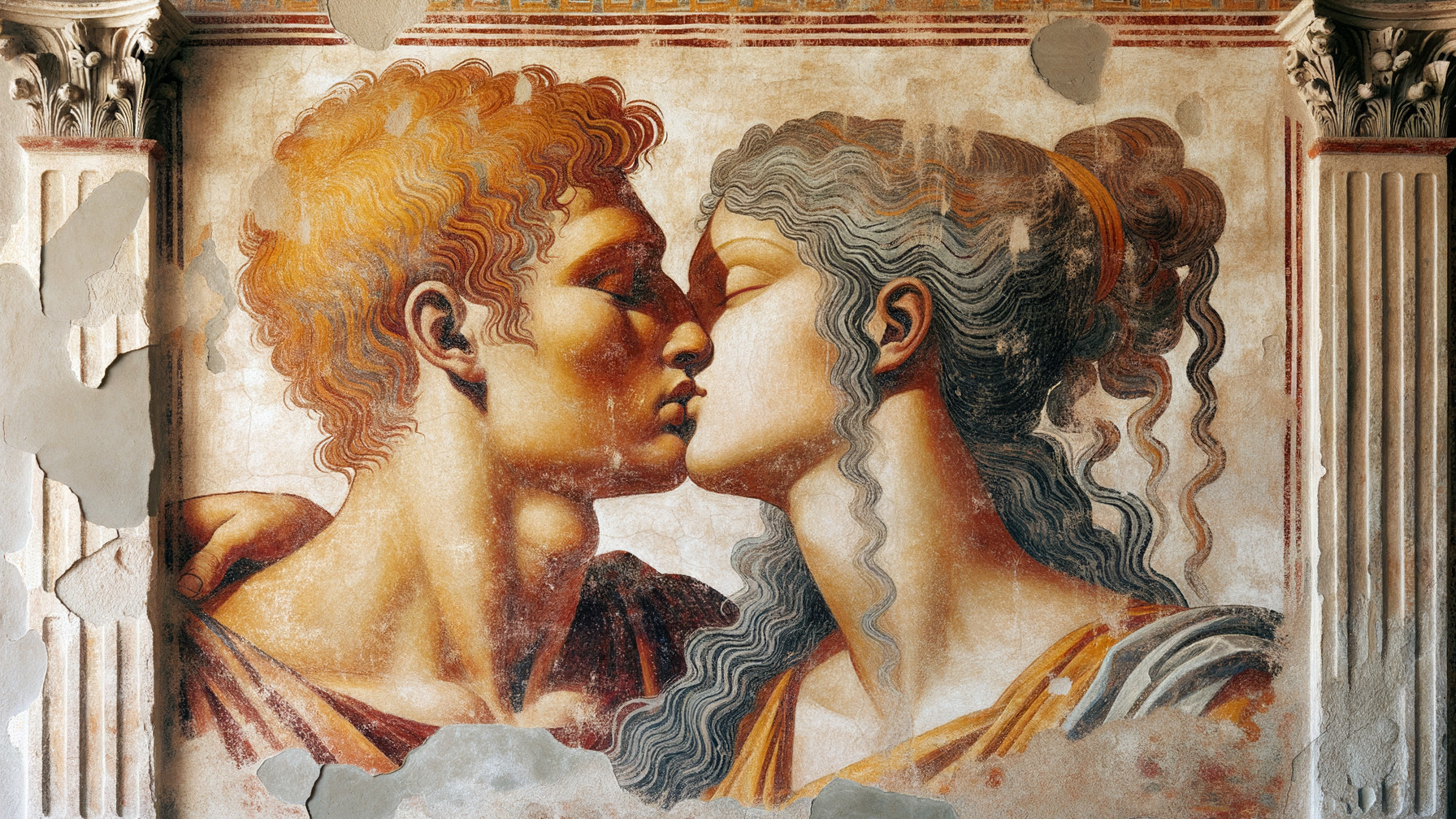 Vibrant fresco of a tender kiss between two figures