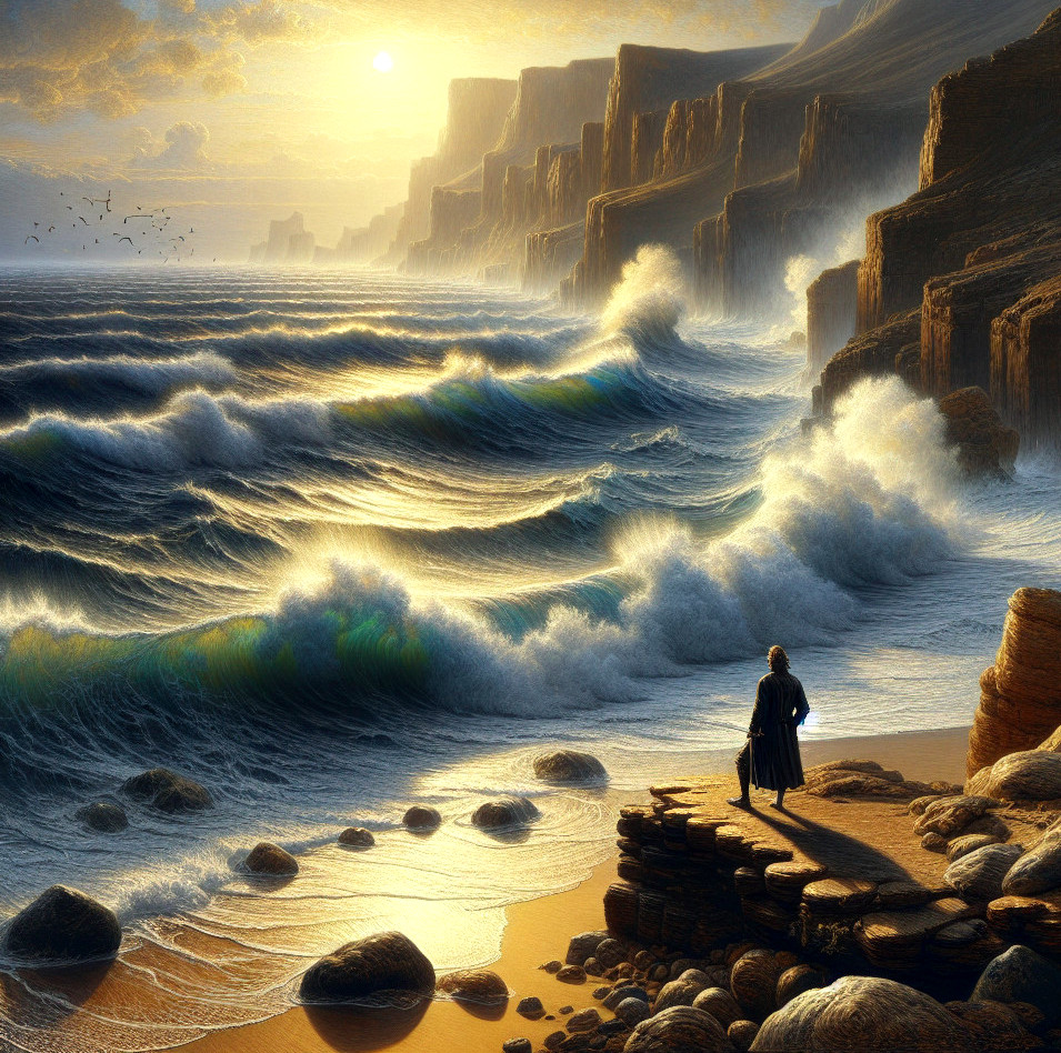 Dramatic Sunrise Over Cliffs and Turbulent Ocean