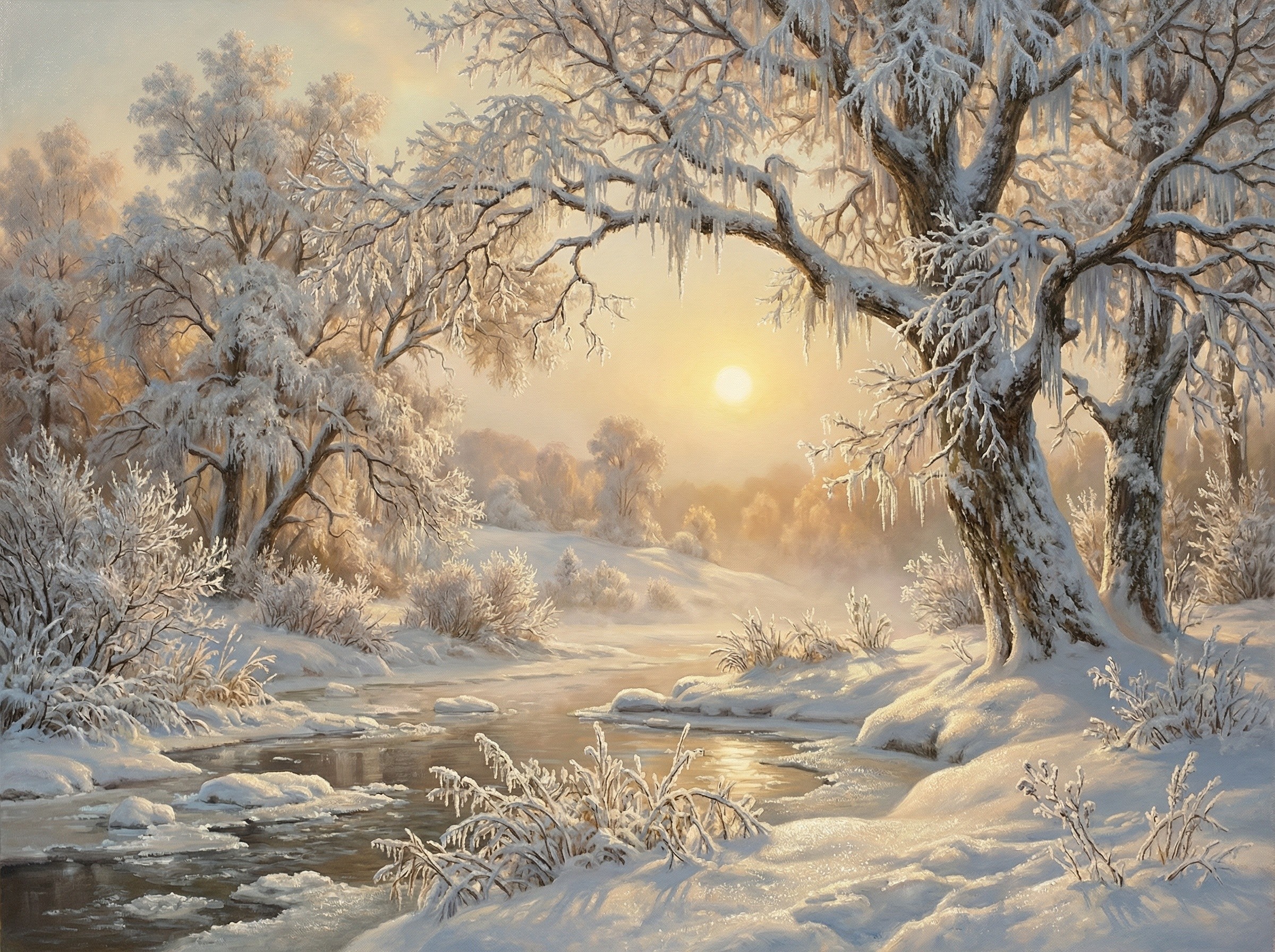 Detailed Painting of a Frosty Winter Landscape