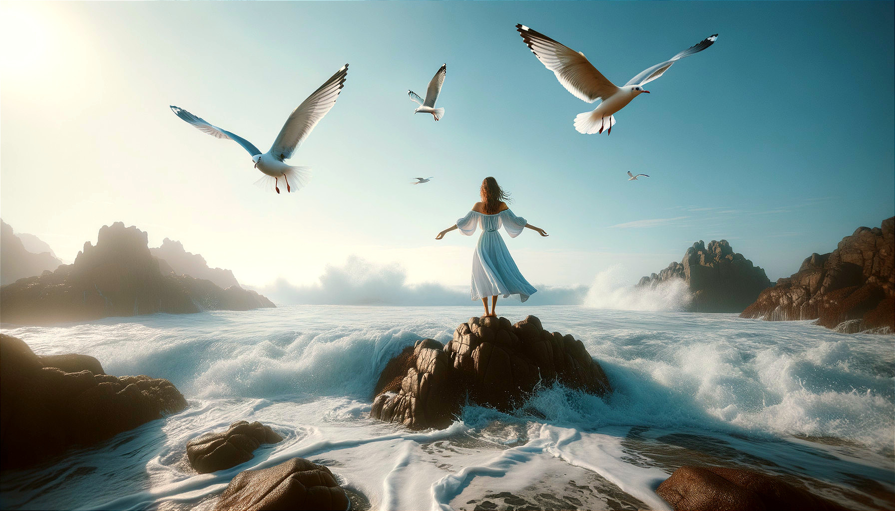 Woman in white dress on rocky outcrop by the sea