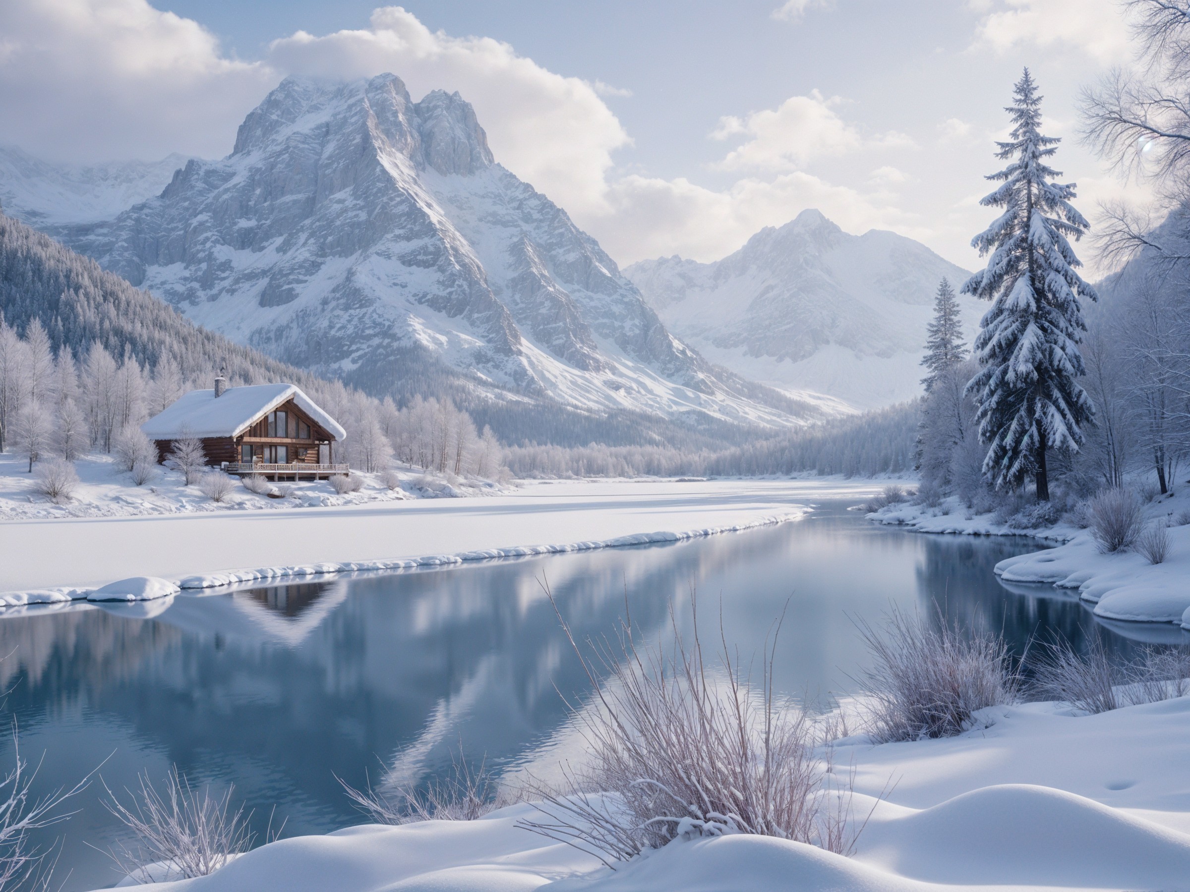 Winter Landscape with Lake and Snow-Covered Mountains