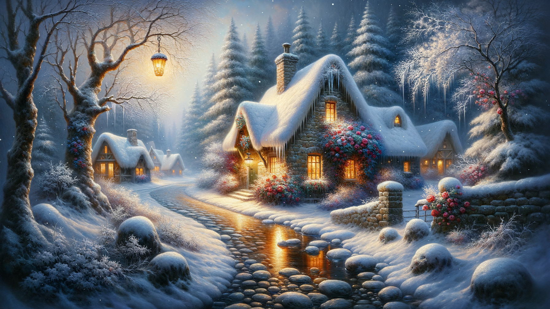 Cozy Cottage in a Snowy Winter Landscape