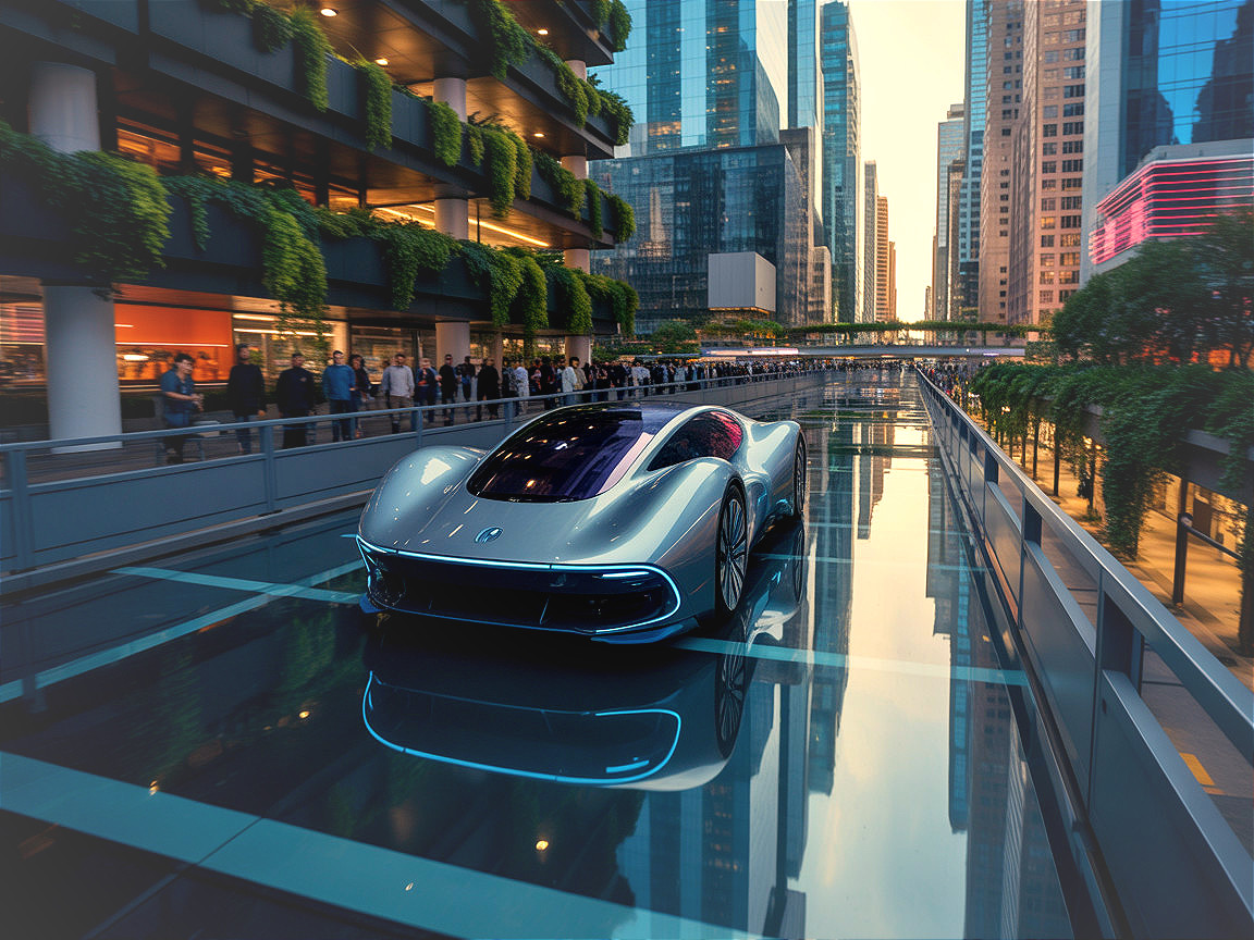 Futuristic Silver Car Displayed in Urban Setting at Dusk