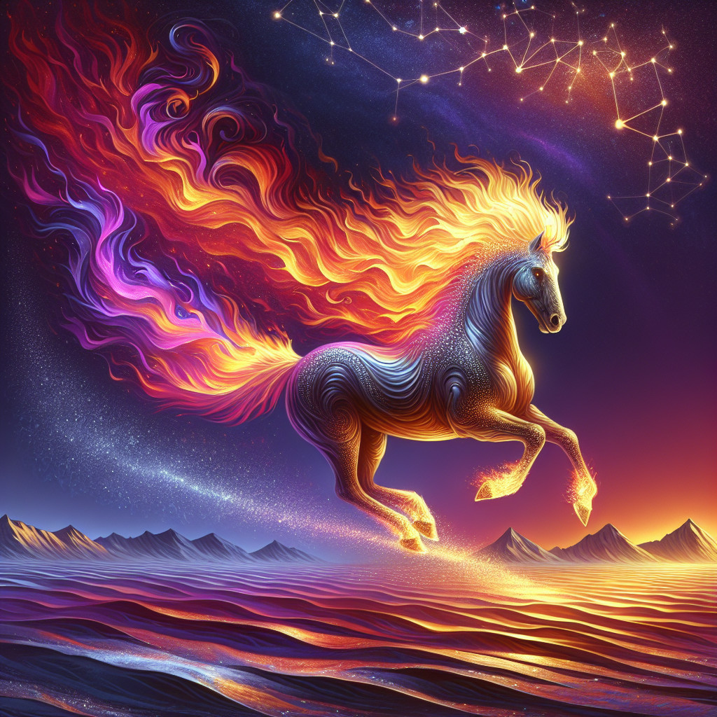 Celestial Horse with Fiery Mane Over Cosmic Landscape