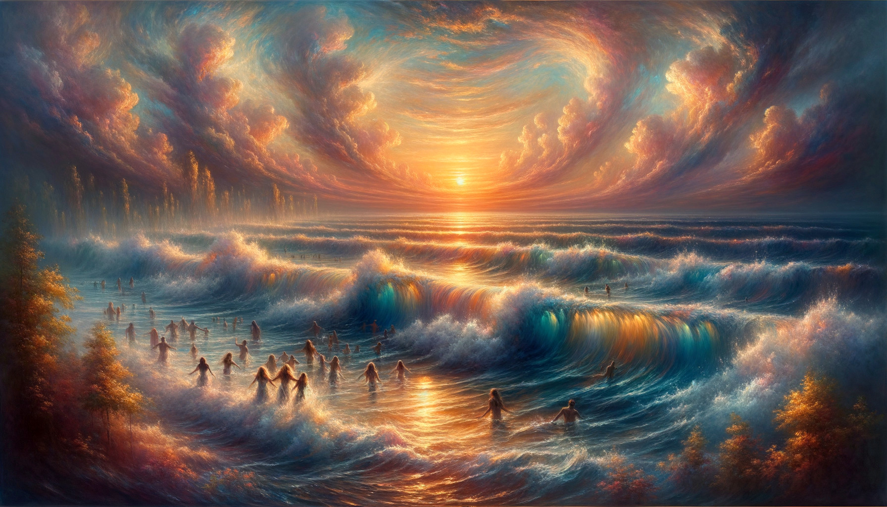 Seascape at Sunset with Towering Waves and Silhouettes