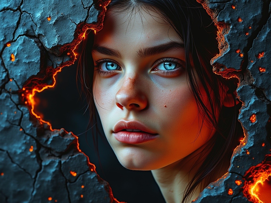 Close-Up Portrait of Woman on Lava-Like Surface
