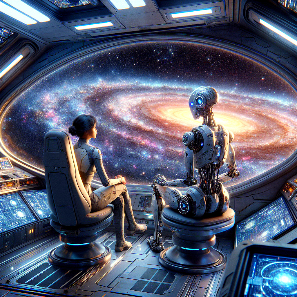 Futuristic Spaceship with Human and Robot in Space