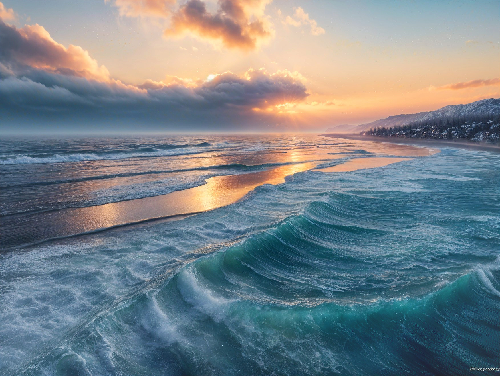 Coastal Scene with Waves and Pastel Sunset Colors