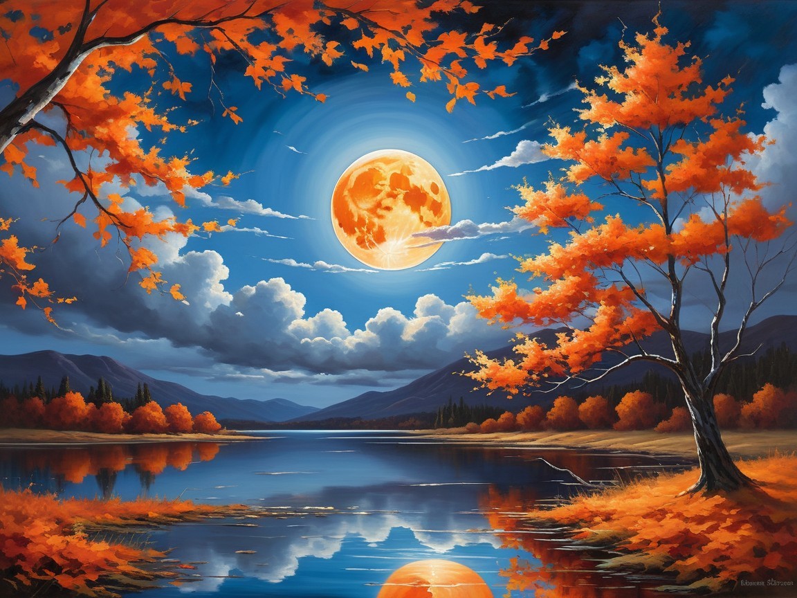 Autumn Moonlit Lake Surrounded by Mountains and Trees