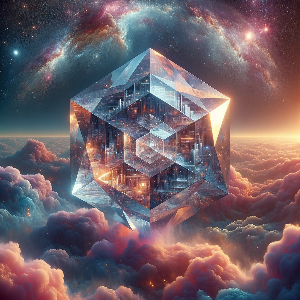 Crystalline Cube Above Vibrant Clouds and Galaxies