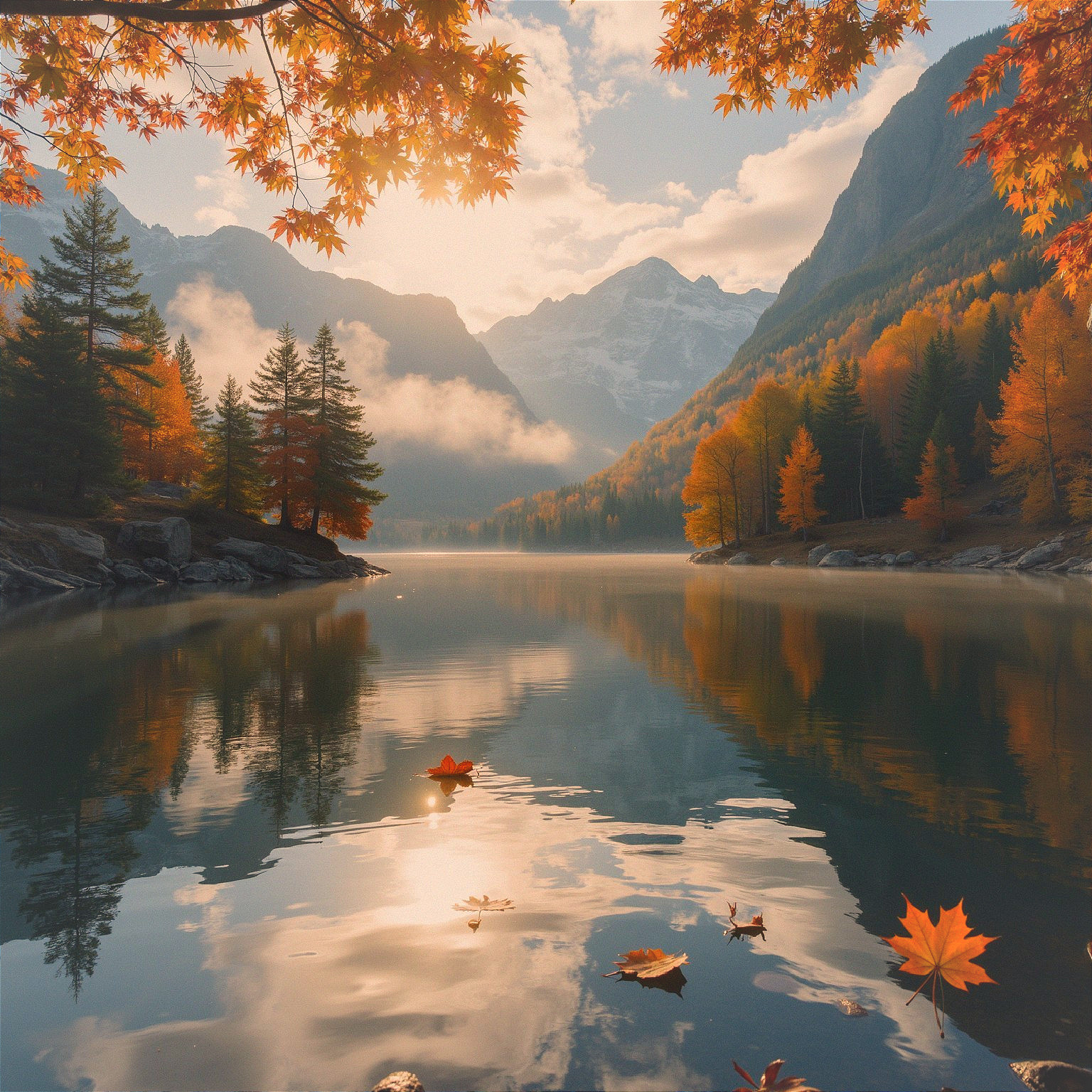 Serene Lake Surrounded by Majestic Mountains in Autumn