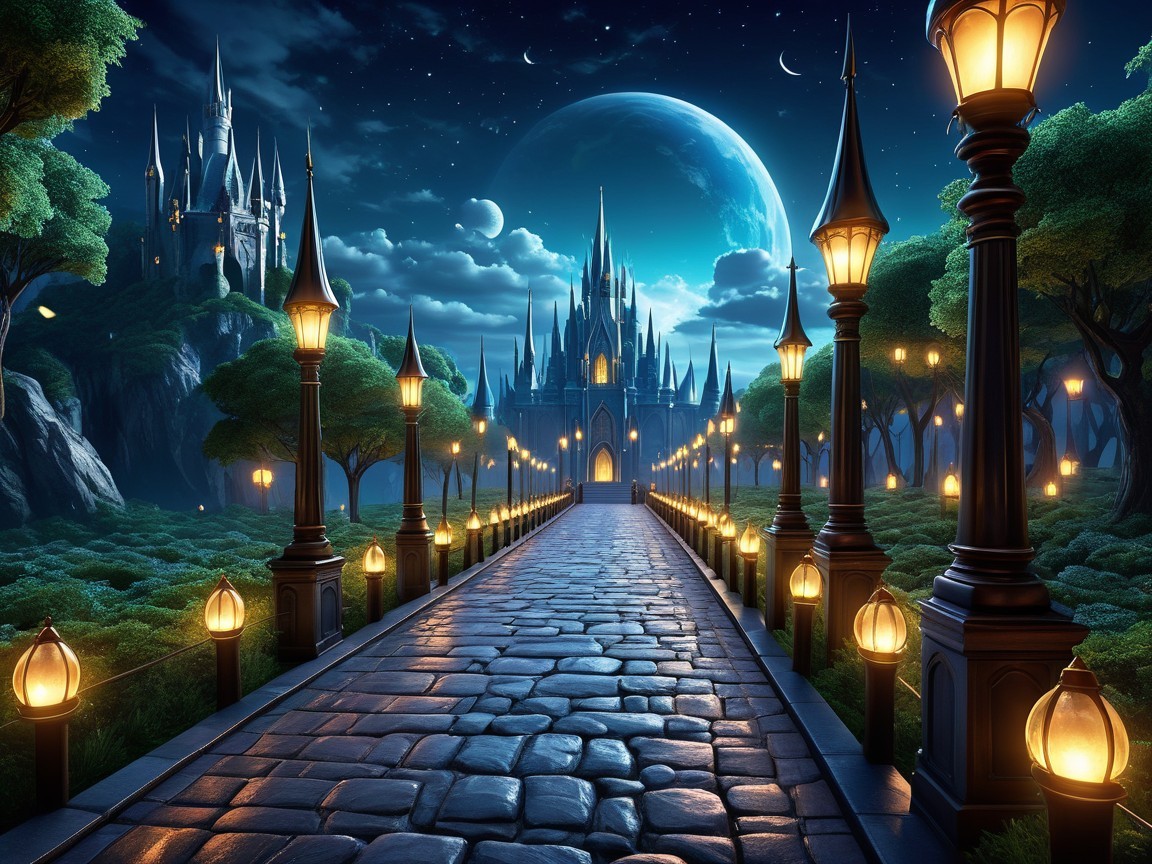 Cobblestone Walkway to Illuminated Castle at Night